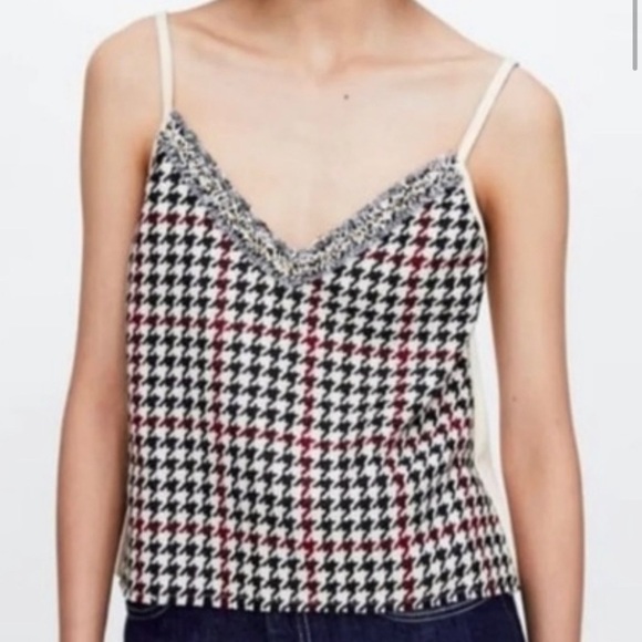 Zara Tops - Zara Houndstooth Plaid Checked Tank Camisole Size Large Red,Cream,Black